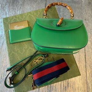Authentic Gucci Boarded Dyana Lux Calfskin Mini Bamboo 1947 Top Handle Bag Green